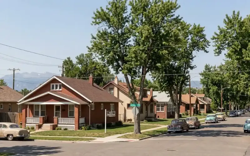 Pre-1955 brick residential homes in Original Commerce City near Adams City with mature street trees