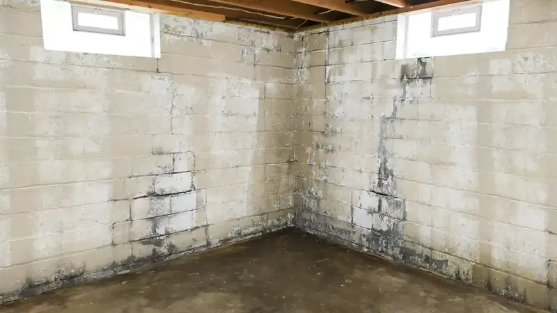 Standing water and efflorescence on basement walls indicating active water intrusion in Commerce City Colorado