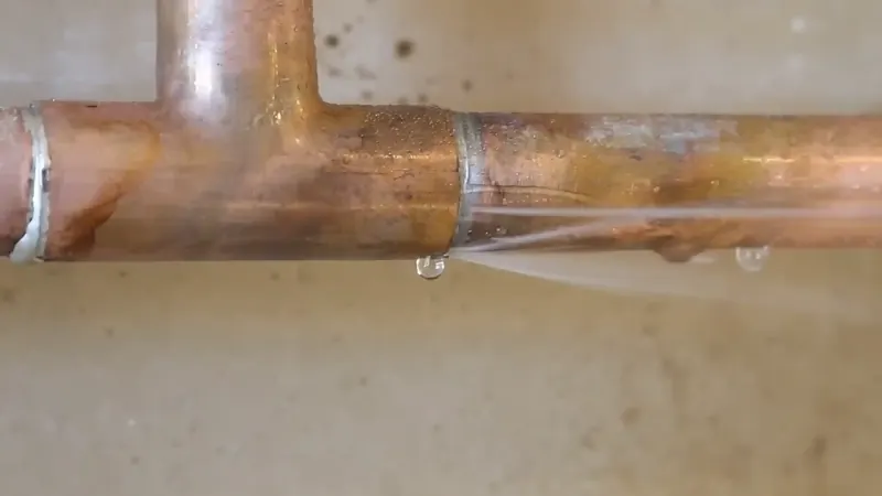 Close-up of type-M copper supply pipe showing pitting corrosion typical in Commerce City homes built before 2000