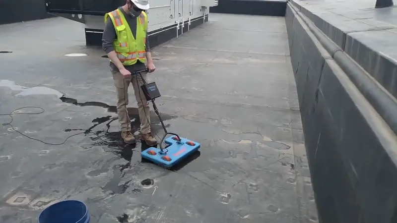 Electronic leak detection amplifier with contact probe positioned on a Commerce City home floor for signal analysis