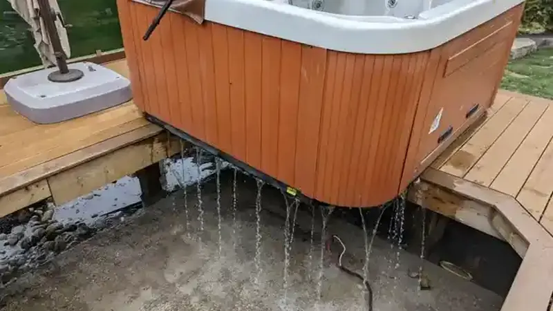 Hot tub plumbing cabinet with pump and jet supply fittings inspected for leaks in Commerce City CO
