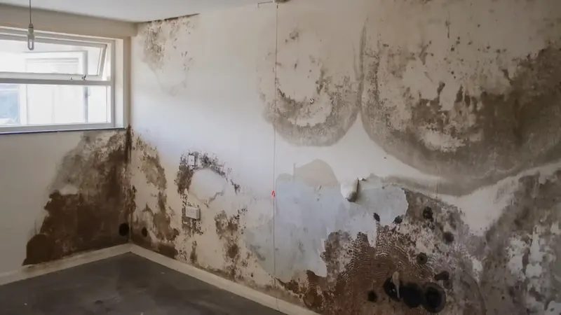 Drywall removed in a Commerce City home revealing wet framing and a copper pipe pinhole leak behind the wall